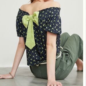 Printed Bow-Back Top by Porridge in Blue motif